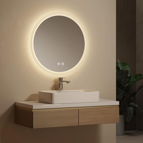EMKE Badspiegel mit Beleuchtung Rund 60cm, Runder Spiegel mit 3 Lichtfarben Dimmbar, Beschlagfrei, Touch-Schalter, Speicherfunktion, Energiesparend Badezimmerspiegel mit Beleuchtung