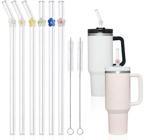 DUMING-IN 6 Pack Replacement Glass Straws for Stanley 40 oz 30 oz Tumbler, Cute Flower Glass Straws with Charms, Stanley Straw with Cleaning Brush Stanley Cup Accessories
