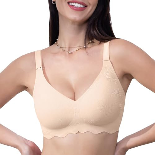HORISUN Women Push Up Seamless No Underwire Soft Support Full Coverage Ladies V Neck Wireless Bra (Nude,XL)