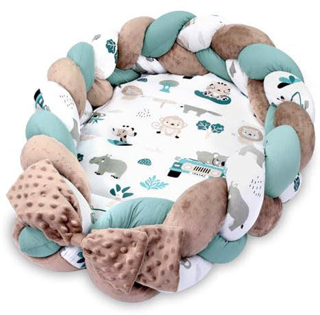 Babynest Neugeborene Nestchen Baby 75 x 45 cm – Plüschstoff Kuschelnest mit Zopf Kissen zerlegbares Set zweiseitig Babynestchen Babybett Afrika