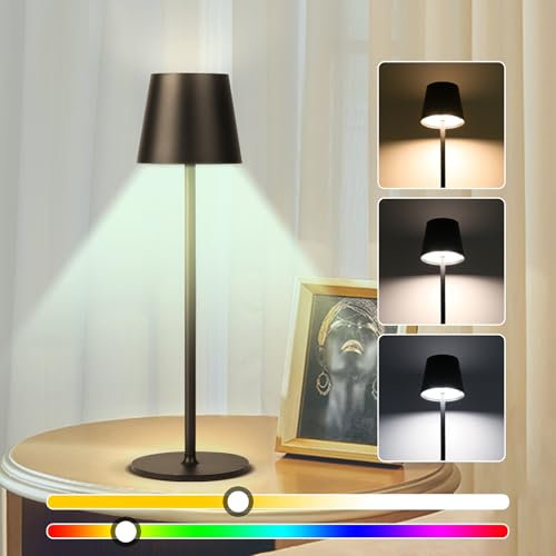 CANMEIJIA LED Tischlampe Kabellos RGB Dimmbare Touch Akku Tischleuchte Schwarz 3000-6500K LED Tischlampe IP54 Aluminium 5200mah Wasserdicht für Schlafzimmer Arbeitszimmer Esstisch