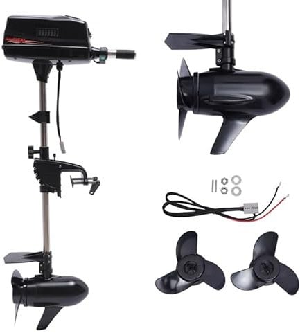 Motor Fueraborda Electrico, 2200W 8HP 48V motor eléctrico barco, motores electricos para barcos con 2 hélices de tres hojas, Inclinable 90°, Altura regulable 0-60 cm
