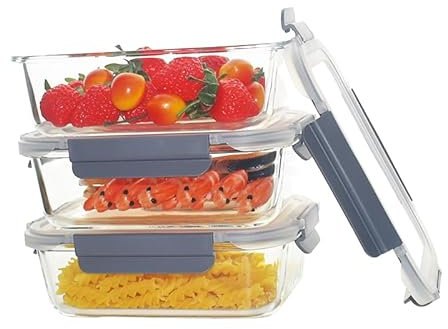 GRANZ Glass Food Storage Containers Set Airtight Food Storage Containers, Meal Prep Containers with BPA-Free & Locking Plastic Lids,Dishwasher,Microwave & Freezer Friendly-Leak-Proof Set (GFSC-03LP)