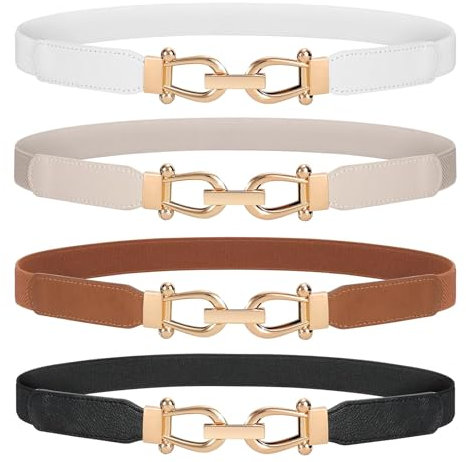JasGood 4 Stück Elastischer Taillengürtel für Damen Dünner Vintage Gürtel für Kleid Damen Mode Dehnbarer Cinch Gürtel Stretch Taille Gürtel mit Goldener Schnalle