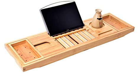 Hochwertiges Bambus-Badewannen-Caddy-Tablett, erweiterbares Holztablett mit Weinglashalter, Lesehalter und Telefonschlitz für Badewannen-Doppelbox