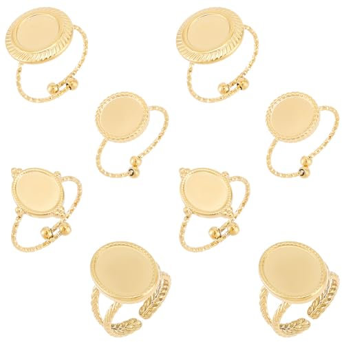 UNICRAFTALE 8 Stück 4 Stile 18K Vergoldeter Cabochon Rohlinge Ring Basen Offener Manschetten Ringe Edelstahl Blanko Kuppel Ringe Basis Schnitzmuster Lünettenbecher Ringbeschläge Für Schmuckherstellung