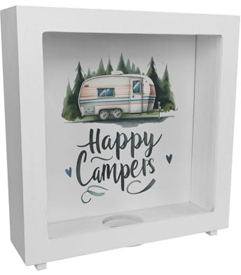 Happy Campers Wohnwagen Rahmen Spardose aus Holz Hintergrund Natur Text Froh wie EIN Camper im Campingwagen-Design