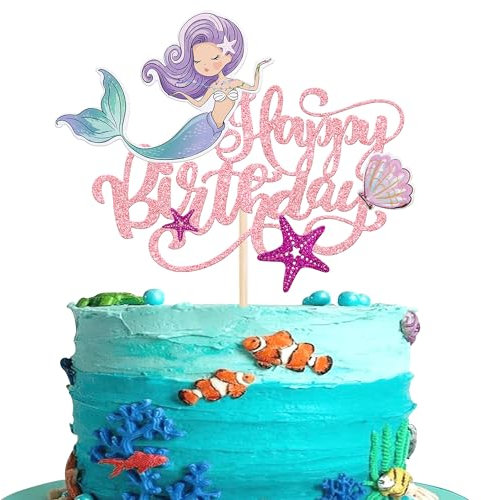 Xsstarmi 1 Pack Mermaid Happy Birthday Cake Topper Under the Sea Shell Starfish Cake Pick for Mermaid Theme Happy Birthday Baby Shower Party Cake Decorations Supplies Pink
