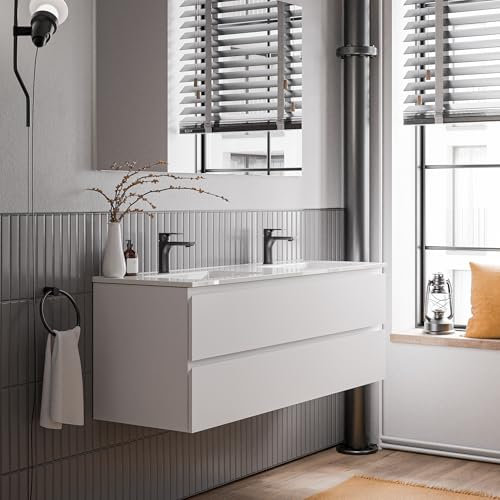 Bernstein Badmöbel-Set Ava 140cm, Waschbecken mit Unterschrank in Weiß matt, Keramik-Waschbecken in Weiß glänzend mit Hahnlöcher, Ideal für große Bäder