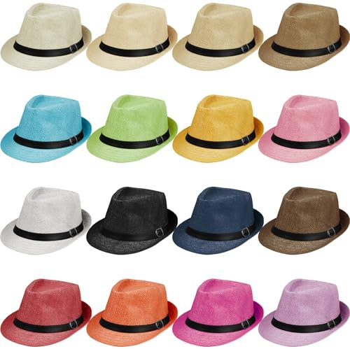 16 Pack Straw Hats Bulk, Fedora Hats for Women Men, Short Brim Caps Dress Hats Colorful Party Hats Sun Hat Panama Style Hat for Summer Camping Garden Beach Fishing Hiking Halloween (Multicolor 2)
