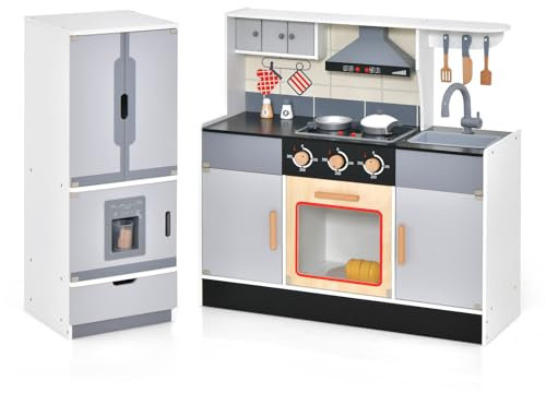 HOMASIS Juguetes de Cocina Infantiles con Nevera Separable, Cocina de Madera con Luces, música, 3 Ganchos y 3 Compartimentos, Juego de Cocina Simulada para niños 3 + años, 111x31,5x81,5cm, Gris