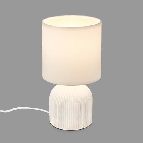 BRILONER - Tischlampe mit Stoffschirm, Kabelschalter, Keramikfuß, Lampe, Nachttischlampe, Tischleuchte, Dekolampe Flur, Bürolampe, Leselampe, Wohnzimmer, Schlafzimmer, 15x28 cm (DxH), Weiß