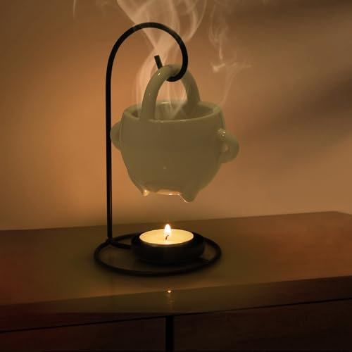 WD&CD Duftlampe aus Keramik, Aromalampe Teelichthalter mit der Candle Löffel Aroma Diffuser Hängender Korbstil weiß