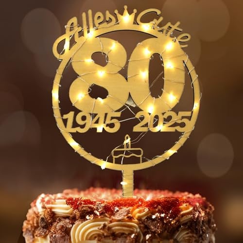Tortendeko 80 Geburtstag Frau Mann, Seutgjie 80. Geburtstag Cake Topper Holz mit LED Lichterkette 1945 bis 2025 Kuchen Deko
