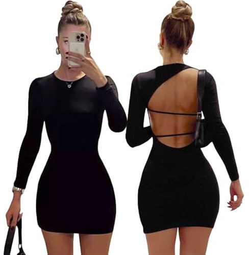 AOWVUTS Women's Sexy Mini Long Sleeve Bodycon Dress - Crew Neck Backless Hip-Hugging Basic Slim Fit Wrap for Club Cocktail Party