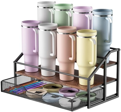 MOJOHAND 3-Tier Stanley Cup Rack with Basket for 8 Tumblers