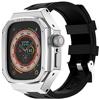 AXPTI Kit di modifica per cassa dell'orologio in metallo di lusso, 49 mm, per Apple Watch Ultra 49 mm, in acciaio inox, cinturino in silicone per iWatch 49 mm (J)