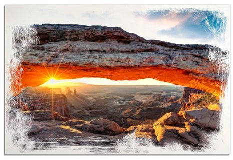 Wallario Wandbild aus Holz Sonnenstrahl am Horizont Leuchtende Felsspalte - 60 x 90 cm in Premium-Qualität: Brillante Farben