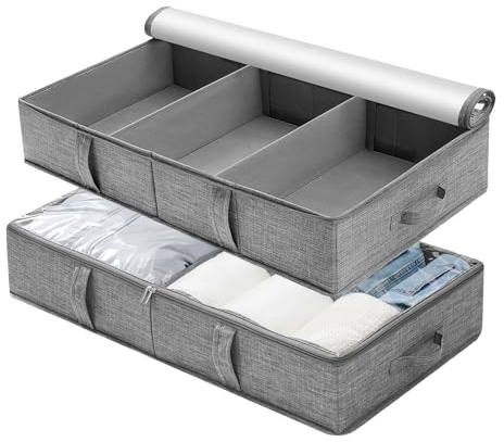 50L Underbed Storage with Adjustable Dividers - 2 Pack Large Storage Organiser Boxes with Zips Reinforced Handles and PVC Clear Lid, Foldable Under Bed Storage Bag for Duvets, Clothes, Shoes, Beddings