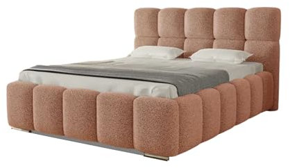 AGMAT-FURNITURE POLSTERBETT Luna mit Kopfteil, 160 x 200 cm, Doppelbett mit Bettkasten und Lattenrost aus Metall, Boucle Stoff: Rosa