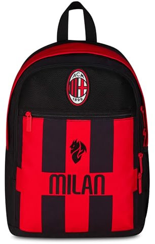 Seven Milan Rucksack mit Doppelfach, Rot und Schwarz, Fußballmannschaft, Fronttasche mit Reißverschluss und Tasche für Trinkflasche, Kinder, Grundschule, rot, Taglia unica, Casual
