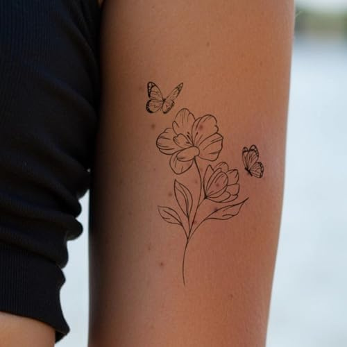Inkster Tattoo - Blume mit zwei Schmetterlingen - vegane & wasserfeste Temporäre Tattoos für Erwachsene - EU-Kosmetikzertifizierte Farbe - revolutionäres 2 Wochen Tattoo | Premium Klebetattoos