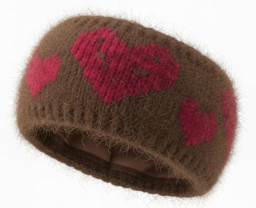 styleBREAKER Bandeau tricoté femme motif cœurs,Marron-Rouge | Doublure polaire, tour de tête élastique 56-59 cm (largeur 23 cm). Lavable 30°C. Fabriqué en Pologne (Europe).