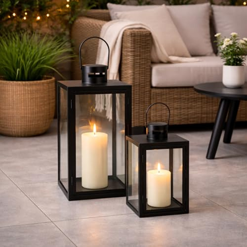Lot de 2 lanternes de jardin XXL en métal - Décoration extérieure - Noir - Hauteur : environ 30 / 41 cm