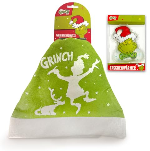 The Grinch – Weihnachts-Set 8-tlg. mit Weihnachtsmützen aus Polyester & wiederverwendbaren Handwärmer Taschenwärmer mit Grinchmotiven – Lustiges Winter- & Geschenkset für Advent & Weihnachten