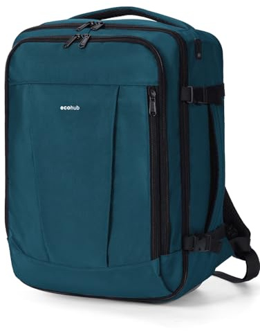 ECOHUB Ryanair Cabin Bags 40x30x20, Underseat Travel Bag with 9 Pockets, Recycled PET Eco Friendly Hand Luggage Backpack, Lightweight Rucksack for Women & Men, Carry on Bag with USB Port 20L,BlueGreen