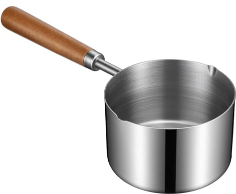 Mini Sauce Pan Cooking Pot with Wooden Handle, Stainless Steel Small Milk Pan and Butter Warmer 8.5 oz (250 ml), Mini Melting Pot with Dual Spouts Chocolate Melting Pots