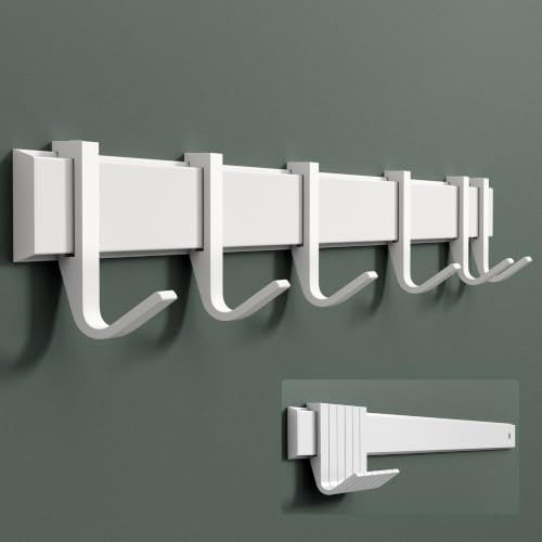 Mai & Mai Garderobenleiste aus Aluminium mit 6 Verschiebehaken Matt Weiß | Kleiderhaken zum Bohren oder Kleben, Garderobenhaken Hakenleiste für Bad Küche Flur Schlafzimmer, Wandhaken 60cm Stalo-12