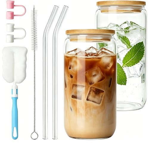 Iced Coffee Cup Set, 500ml Can Glass Cups with Wooden Lid and Glass Straw | 2pk Reusable Can Shaped Drinking Glasses, Clear Iced Coffee Glasses Tumbler for Juice Matcha Coffee Cocktail Whiskey