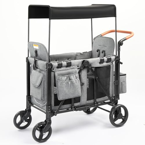 Bonnlo Folding Wagon for Kids to Sit in, Elevated 2-Seater Handcart with Detachable Seats, Removable Canopy, 5-Point Harness and Large All-Terrain Wheels, Outdoor Camping Cargo Cart (Grey)