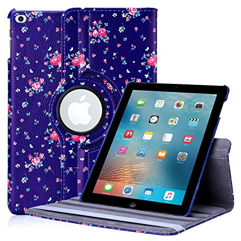 32nd Apple iPad 9.7 Pulgadas (2017) Funda Diseño Floral Carcasa Flip de Piel PU con Bisagra Flexible Gira 360 Grados, Funda Estilo de Flores Diseñador - Rosas Vintage en Añil