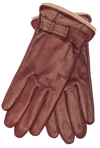 EEM Damen Lederhandschuhe, weiches italienisches Leder, Fleecefutter, Strickbündchen und Zierriegel, tokay M