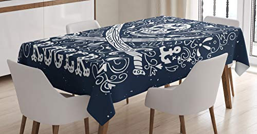 ABAKUHAUS Schädel Tischdecke, Piraten Jolly Roger Flagge, Personalisierter Druck mit Klaren Farben Waschbar Wasserfest kein Verblassen, 140 x 200 cm, Weiß Dunkelblau