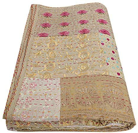 Handgemachte Druck Hand Jari Patchwork König/Twin Size Stickerei Kantha Quilt Home Dekorative Kantha Quilt Tagesdecke Indian Blanket Coverlet Art (Beige, 60 x 90)