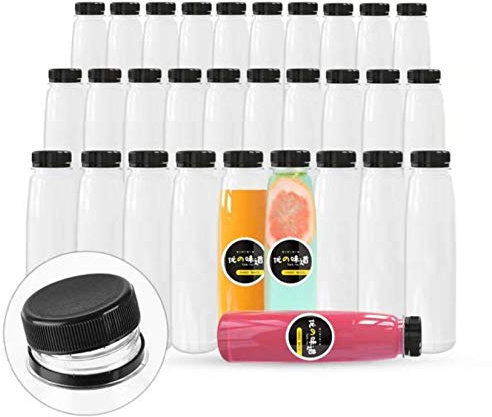 54 Stück leere PET-Kunststoff-Saftflaschen 200 ml transparente Einweg-Flaschen für Flüssigkeiten mit schwarzen manipulationssicheren Verschlusskappen (200 ml) schwarz
