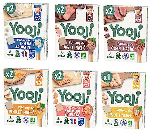 Yooji - Bébé dès 6 Mois Premières Purées de Viandes Françaises Bio et Poissons MSC en Portions - Diversification Alimentaire - 3 mois de Repas - Lot 11 packs - Certifié Agriculture Biologique ou MSC