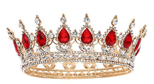 FORSEVEN Königin Krone Strass Hochzeit Kronen und Diademe für Frauen Kostüm Party Haarschmuck Prinzessin Geburtstag Krone Kristall Brautkrone, Gold+Rot, Einheitsgröße