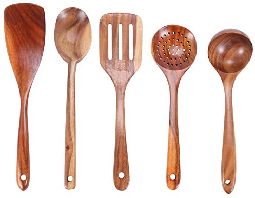 Haudang 7-Pack Wooden Kitchen Utensils Set - Spoons & Spatulas, Unpainted Solid Wood Pots & Ladles