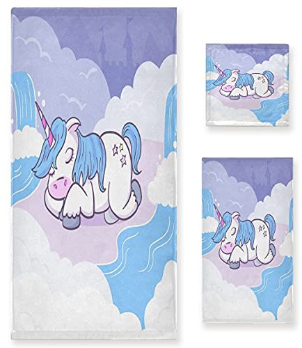 Licorne Dormir Ensemble de Serviettes pour Salle de Bain 100% Coton(1 Serviette de Bain,1 Serviette À Main,1 Gant de Toilette) Résistantes Aux Odeurs pour Les Garçons de Filles Enfants