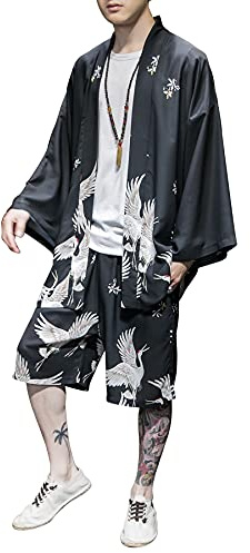 DOSLAVIDA Kimono pour homme - Style japonais - 7 manches - Short ouvert sur le devant - Yukata, noir 1, Medium
