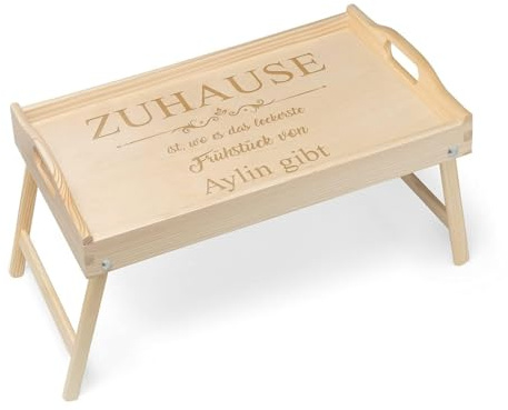 Maverton Serviertablett mit Gravur, personalisiert, Hellbraun | Tabletttisch mit Griffen, klappbare Beine, erhöhter Rand, Geburtstagsgeschenk für Frauen, Einzugsgeschenke