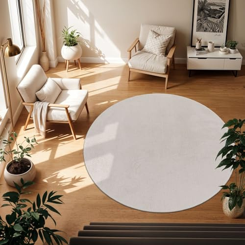 TT Home Wohnzimmer Teppich Kurzflor Anti-Rutsch Rückseite Unifarben Modern Waschbar, Farbe: Silber, Größe:120 cm Rund