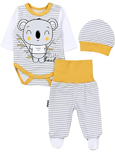 TupTam Baby Mädchen Jungen Bekleidungsset Langarmbody Hose Mütze mit Aufdruck Spruch 3 teilig, Farbe: Koala Streifen Grau/Gelb, Größe: 68