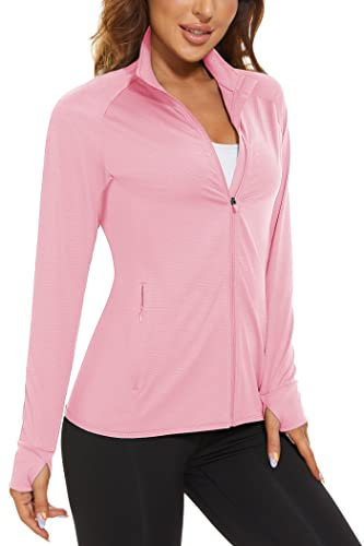 KEFITEVD Veste Sport Séchage Rapide pour Femmes UPF 50+ Hauts Zippés Course Pied pour Femmes Veste Eté Anti-UV avec 2 poches,Rose Clair,2XL