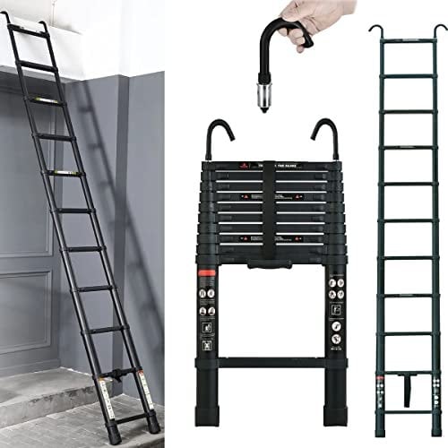 3.2M Teleskopleiter mit Haken, Aluminium Teleskopleiter Klappbar Ausziehleiter für Dachboden, 11 Treppenleiter Mehrzweckleiter mit Verriegelungsmechanismus, 150 kg Belastbarkeit