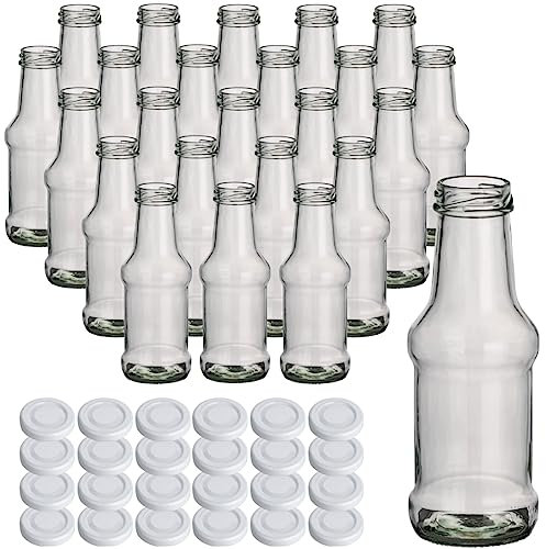gouveo Set di 24 Bottiglie di Vetro da 250 ml, con Coperchio a Vite, TO38, Colore Bianco, Piccola Bottiglia di Vetro da 0,25 l, con Tappo a Vite, Bottiglia Vuota da riempire con Ketchup